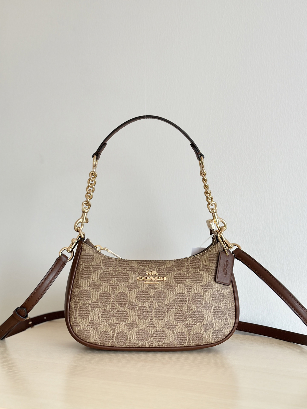 Coach Brown & TanSignature Mini Shoulder Bagwith Gold Hardware